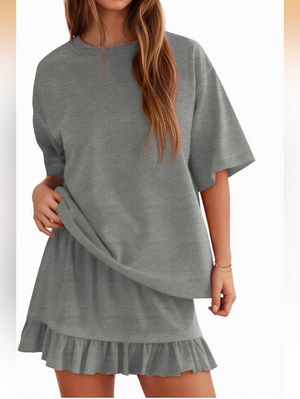 Casual Gray Ruffle-Hem Women’s Top and Skirt Set